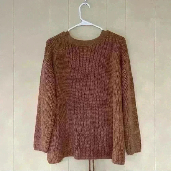 Entro Anthropologie Brown Cable Knit Lace Front V Neck Sweater Size M - Picture 3 of 10
